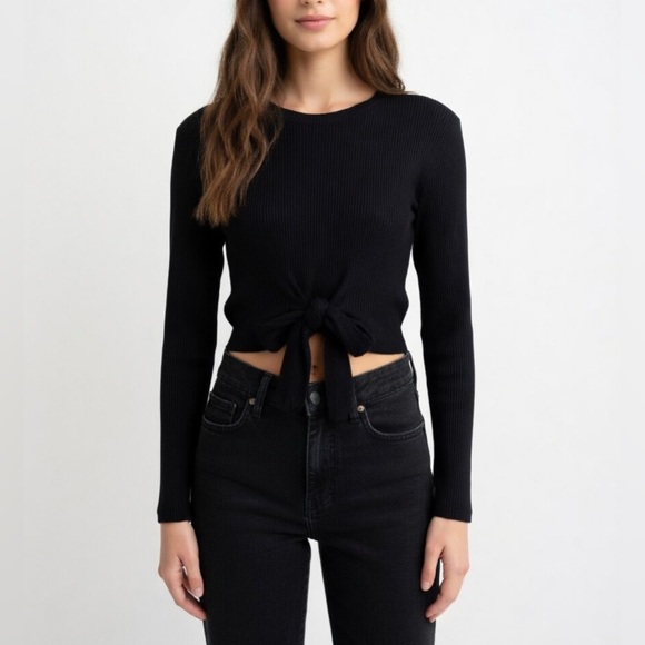 Zara Tops - Zara Bow Tie Black Ribbed Long-Sleeve Top